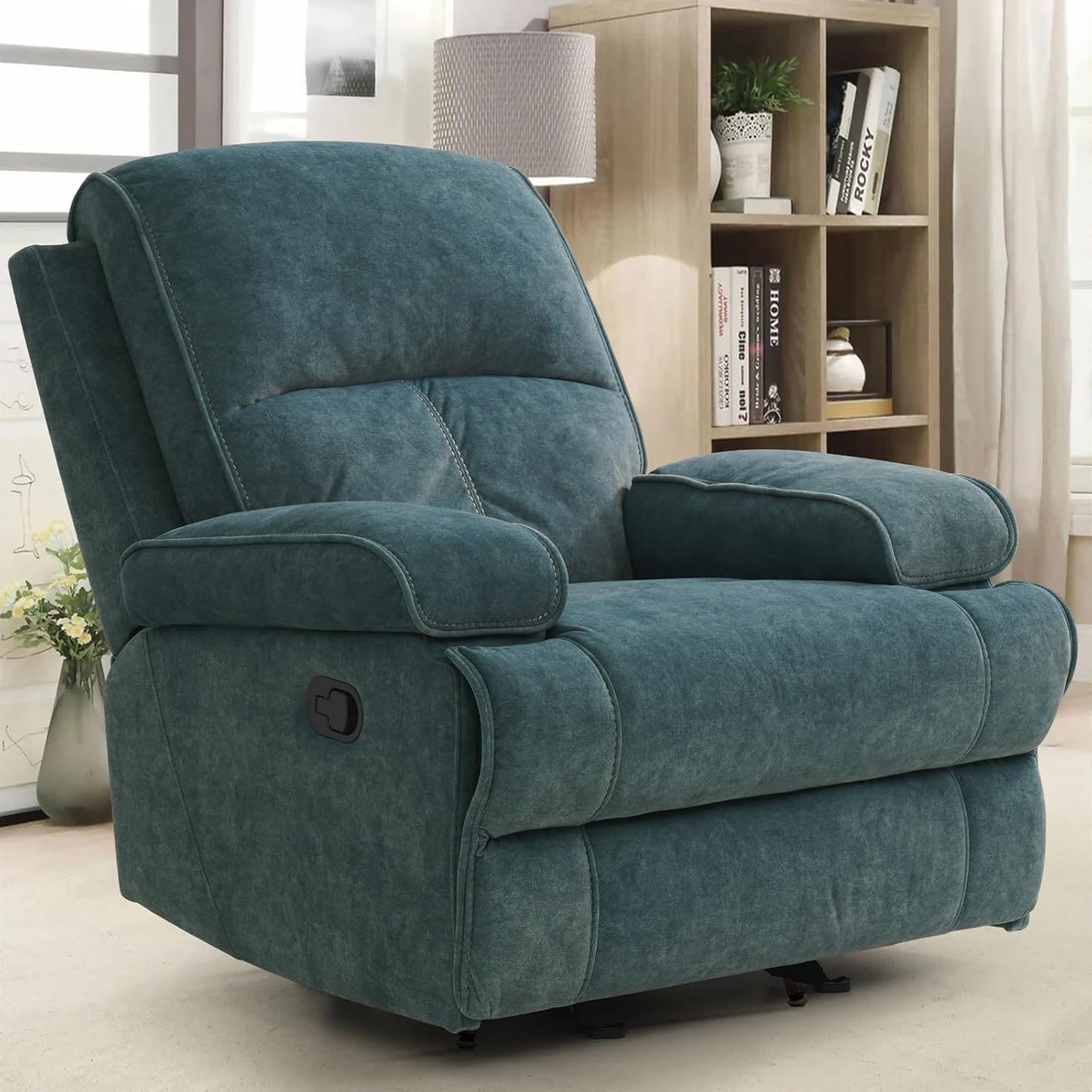 Rocker Recliner Chair for Adults, Manual Glider Chair for Nursery, Reclining Single Sofa Chair for Living Room, Upholstered Fabric Armchair, High Back, Deep Seat, Blue