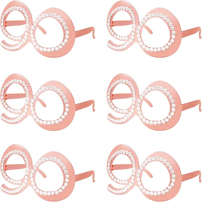 90th Birthday Glasses - 6 Pairs Rose Gold 90 Years Old Glasses with Rhinestones Frame, Funny Plastic Costume Photo Booth Props for 90th Anniversary Party Decorations