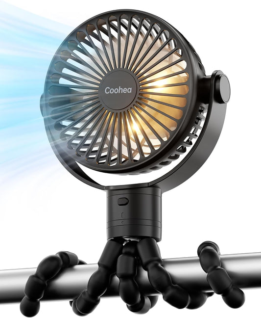 Stroller Fan Rechargeable Battery Powered Portable Fans, Head Detachable 360° Rotatable Clip on Fan, 3 Speed Quiet Small Mini Fans with Light Night for Carseat, Bed, Crib, Bike, Travel, Black