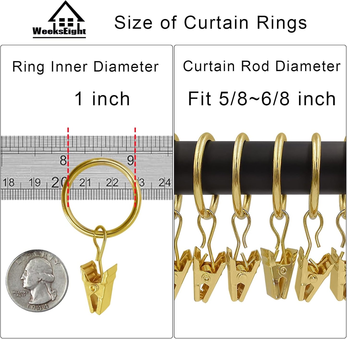 44 Pack Gold Curtain Rings with Clips, Curtain Hooks Hangers Clip Rings for Hanging Drapes Bows Hat, Drapery Rings 1 in I D, Fits up to 5/8 in Diameter Curtain Rod.