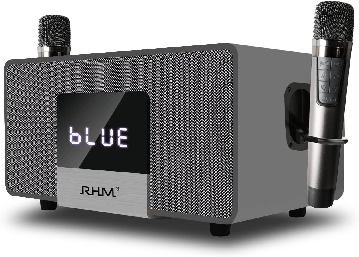 RHM K222 Karaoke Machine, with 2 Wireless Microphones & 5 Music Modes, Support Optical/Bluetooth/AUX/USB/PC, Wooden Bluetooth Speaker for TV/Home/Meeting/Karaoke/Party, Great for Music Lovers