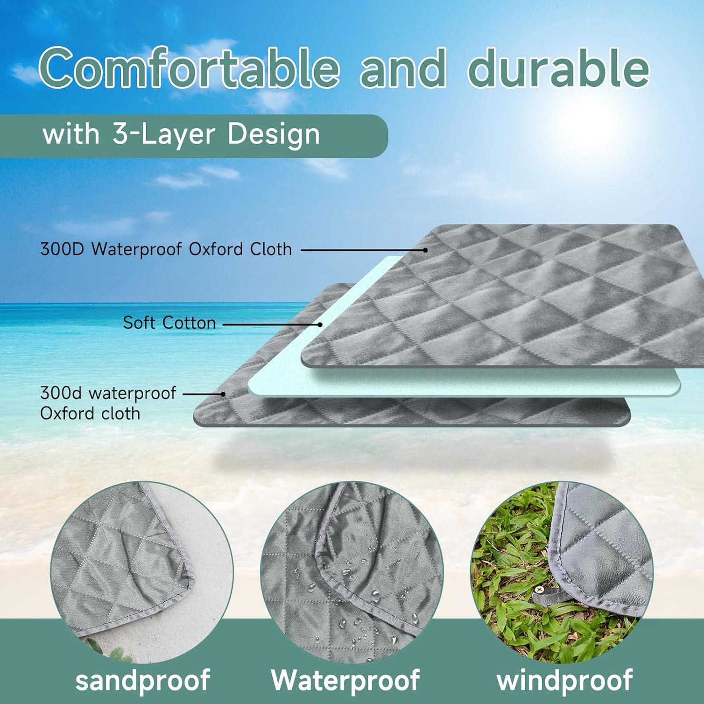 Waterproof Picnic Blanket, Lightweight 50” x 60” Foldable Sandproof Beach Blanket with Large Pocket, Portable Outdoor Camping Blanket Great Couples Gift Ideas, Gray Wavy