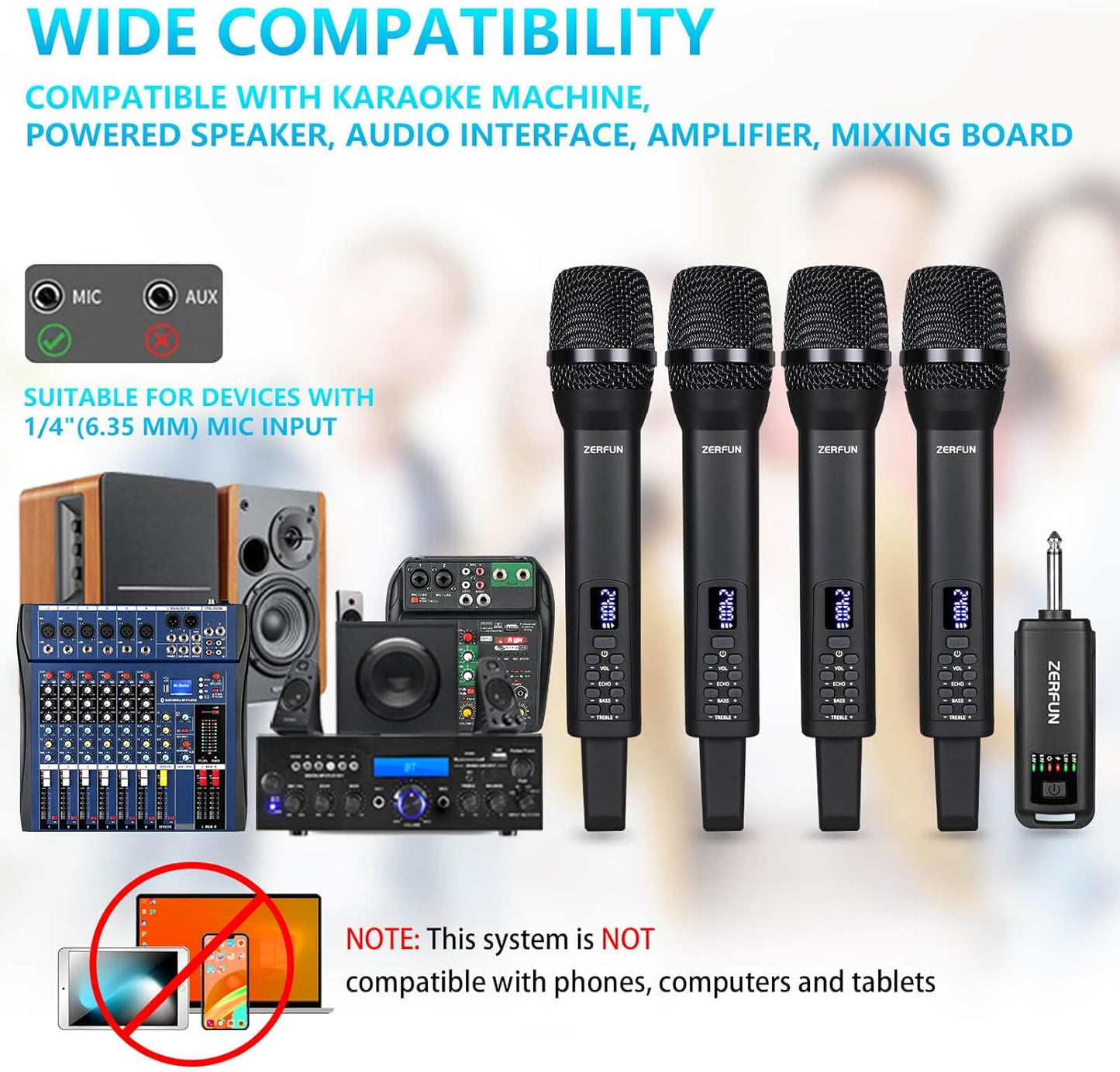 Rechargeable Wireless Microphones 4, Pro Handheld Cordless Mics System Dynamic with Echo Treble BASS VOL Control for Karaoke Singing Church Party, 1/4'' Output, D240, Black