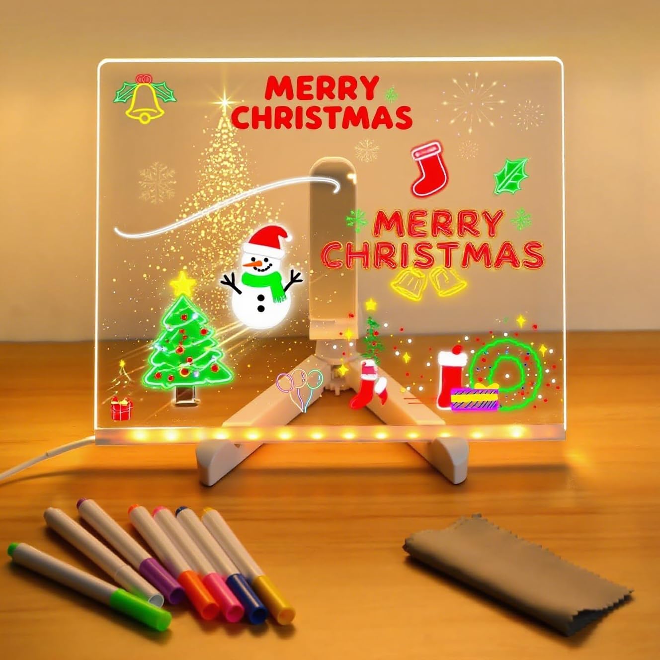 LED Note Board with Colors, 7 Colors Acrylic Message Board with Light, LED Drawing Board Gifts for Kids, Dry Erase Board with Adjustable Stand for Office School Home Decor (5.9 * 5.9 in)