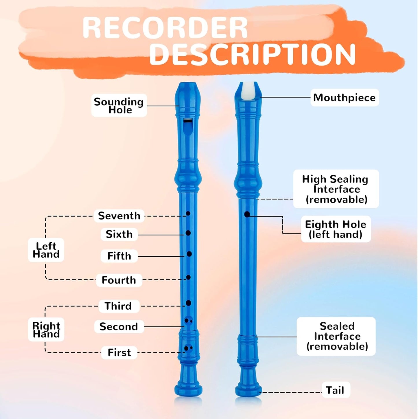 8-Hole Soprano Descant Recorder Baroque Style Kids Music Flute with Cleaning Rod & Case Bag for School Student Home Entertainment - Royal Blue