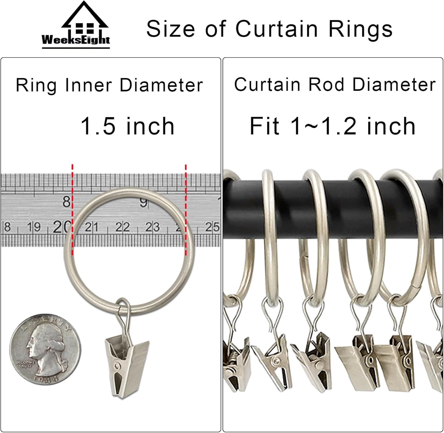 40 Pack Matte Silver Curtain Rings with Clips, Curtain Hooks Hangers Clip Rings for Hanging Drapes Bows Hat, Drapery Rings 1.5 in I D, Fits up to 1.2 in Diameter Curtain Rod.