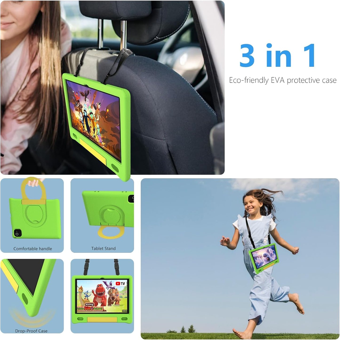 Tablet for Kids 10.1 inch Android 14, 8GB+64GB(TF 1TB) 6000mAh Kids Tablet WiFi6 Parental Control,Face Unlock, 1280 * 800 HD Screen - Green
