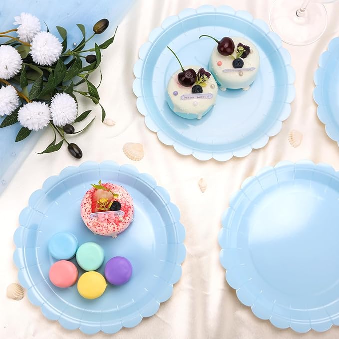 24 Pcs Light Blue Paper Plates 9 Inch Scalloped Dessert Plates - Disposable Light Blue Cake Plate - Baby Shower Birthday Party Wedding Bridal Party Supplies