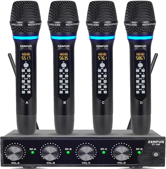 4 Channel Rechargeable Wireless Microphone System, Pro UHF Metal Handheld Wireless Microphones Cordless Mics with Echo Treble BASS VOL Channel Control for Karaoke Singing Church(GT-200)
