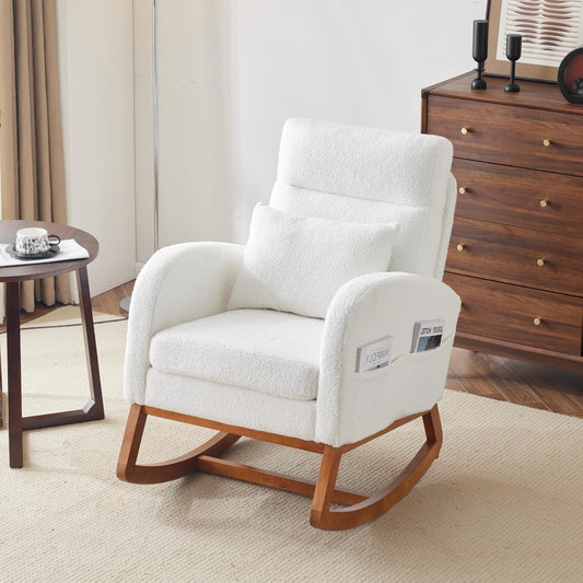 VINGLI White Teddy Fleece Rocking Chair Nursery with Thick Headrest, Upholstered Mid-century Modern Nursing Rocker Glider with Curved Armrest, Sturdy Solid Wood Base for Living Room,Bedroom, Baby Room