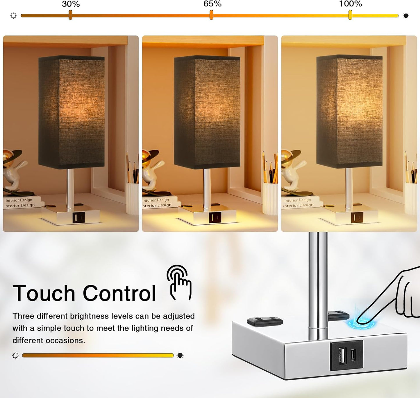 Touch Bedside Table Lamp for Nightstand - 3-Way Dimmable Night Lamp with USB A + Type C Charging Ports and Two AC Outlets, Small Desk Light with E26 LED Bulb for Bedroom Living Room Dorm Office,Black