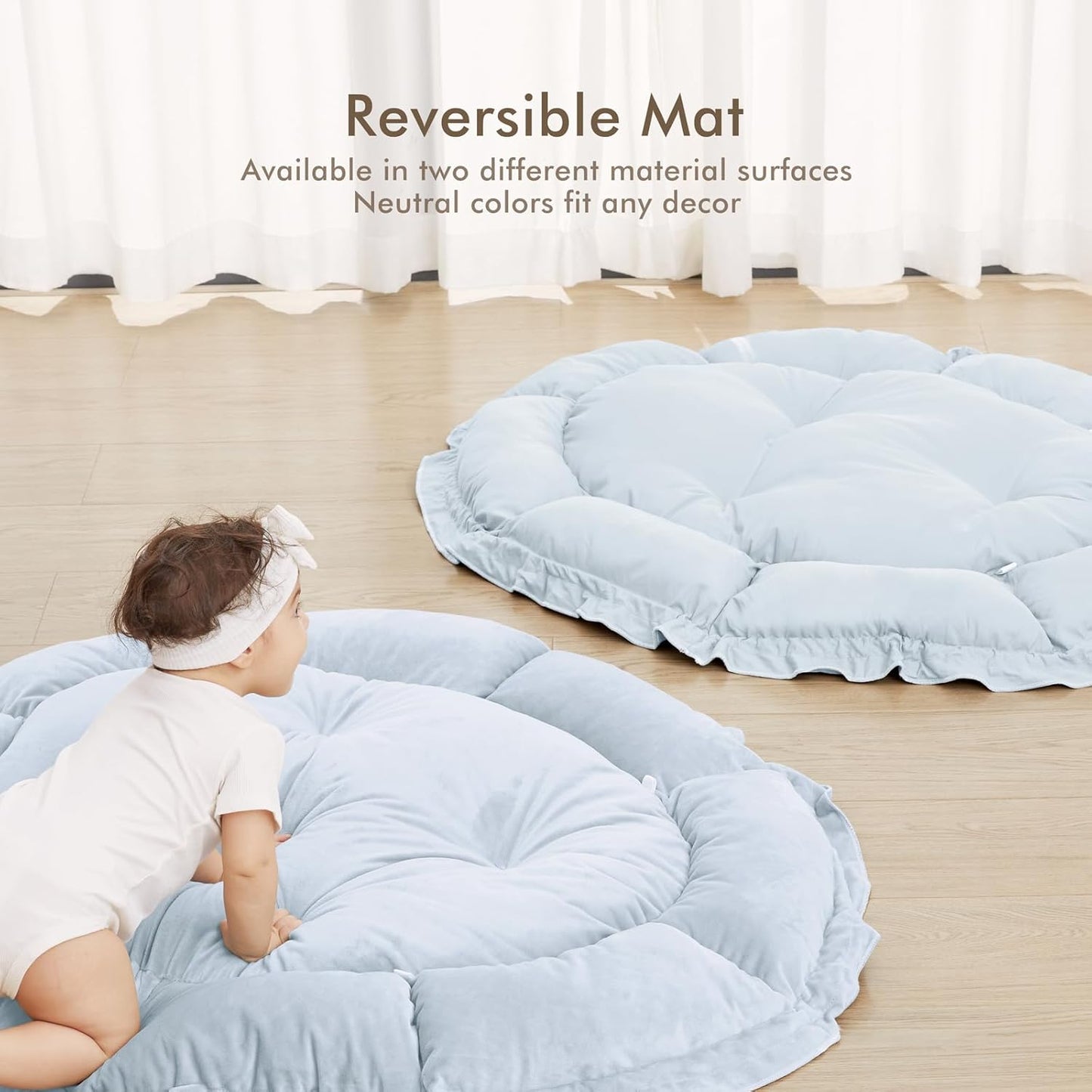 ANGELBLISS 5 in 1 Baby Play Gym Mat, Reversible Tummy Time Mat with 5 Sensory Toys for Stage-Based Developmental, Thick & Large Baby Activity Center from Newborn to Toddler (Light Blue)