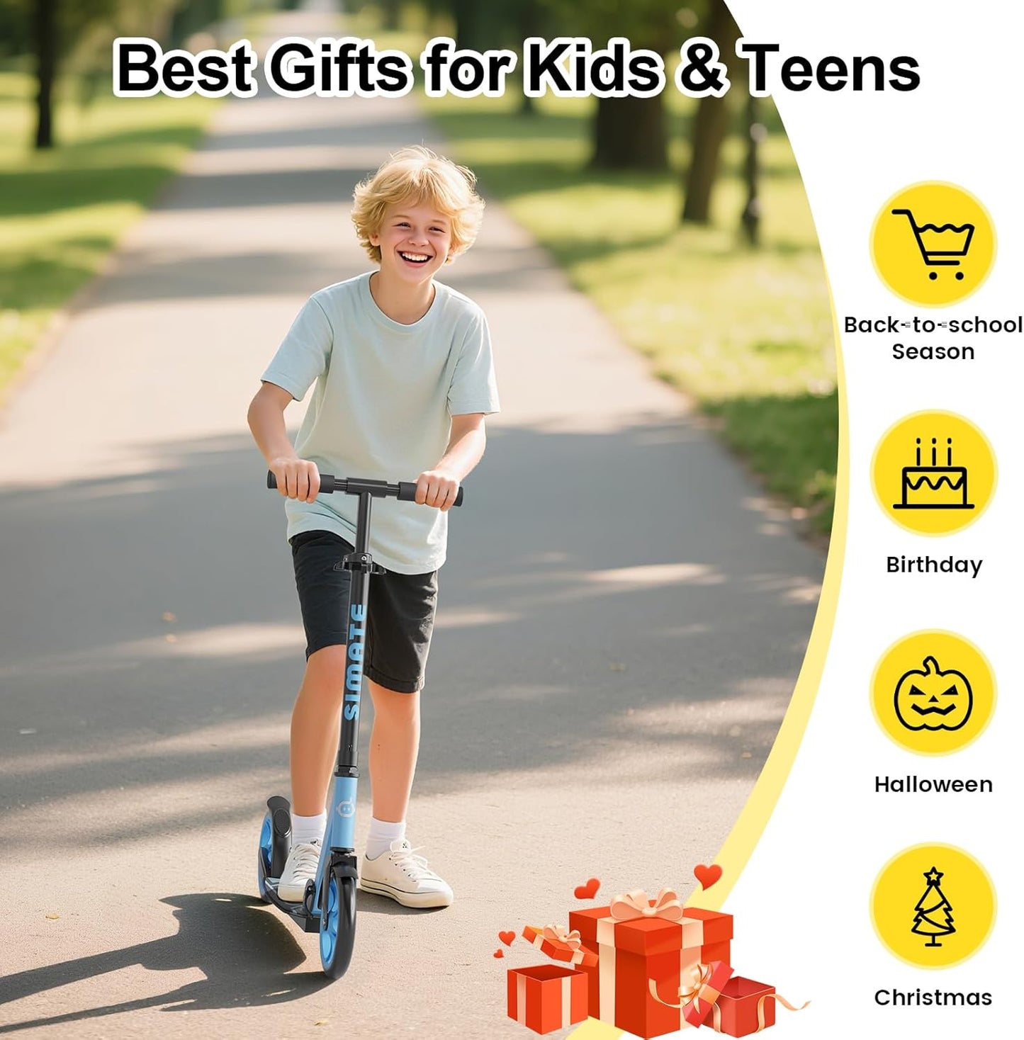 Kick Scooter for Kids Teens & Adults, 4 Adjustable Heights, 8IN All Terrain Big Wheels, Foldable and Lightweight, Gifts for Girls Boys