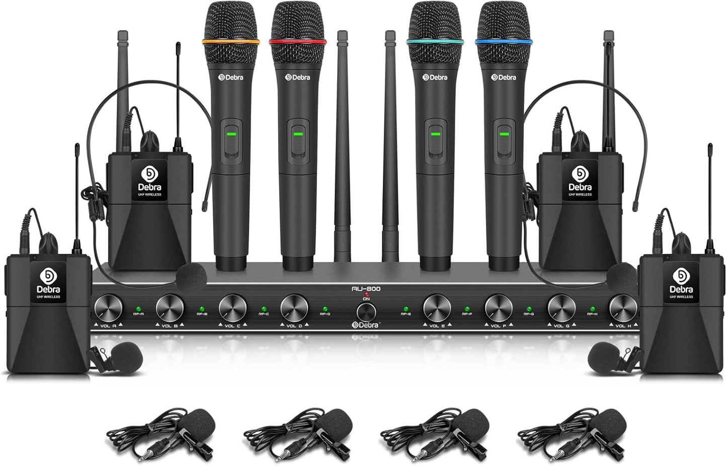 D Debra Audio AU800 Pro UHF 8 Channel Wireless Microphone System with Cordless Handheld Lavalier Headset Mics, Metal Receiver, Ideal for Karaoke Church Party (4 Handheld & 4 Bodypack)
