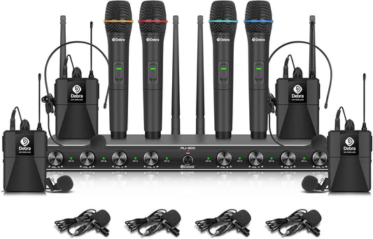 D Debra Audio AU800 Pro UHF 8 Channel Wireless Microphone System with Cordless Handheld Lavalier Headset Mics, Metal Receiver, Ideal for Karaoke Church Party (4 Handheld & 4 Bodypack)