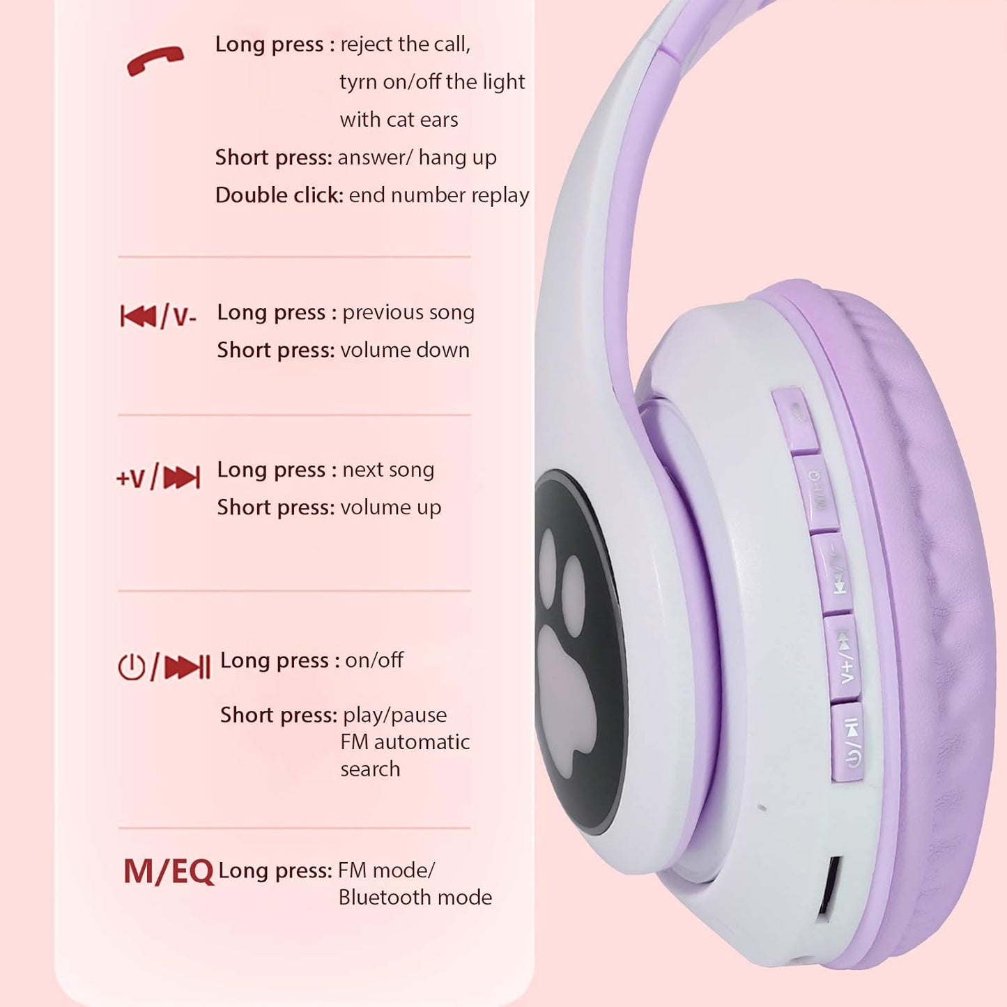 TCJJ Kids Wireless Headphones - Cat Ear LED Light Up, Bluetooth 5.4, Safe Volume Limit, Noise Cancelling with Mic & TF Card for Girls Boys Toddlers School (Purple)
