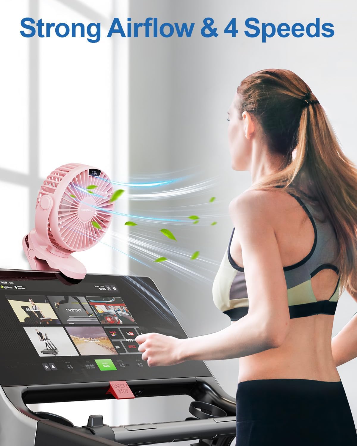 SWEETFULL Portable Clip on Fan - Battery Operated Stroller Fan, 4000mAh Small Rechargeable Fans with LED Display, 4 Speeds, Mini Personal Cooling Desk Cooler for Golf Cart Travel Camping Gym (Pink)