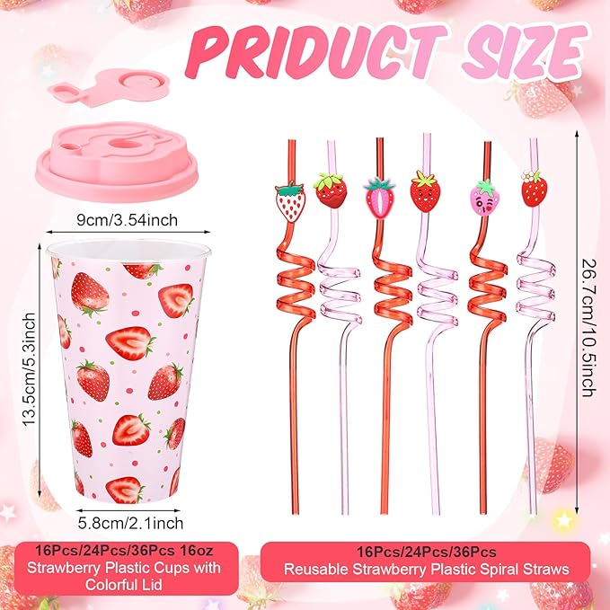 Yungyan 24 Sets Strawberry Party Favors Goodie Cups with Lids and Straws for Birthday Decorations Reusable 16oz Plastic Candy Cups Plastic Straws for Birthday Party (Strawberry)