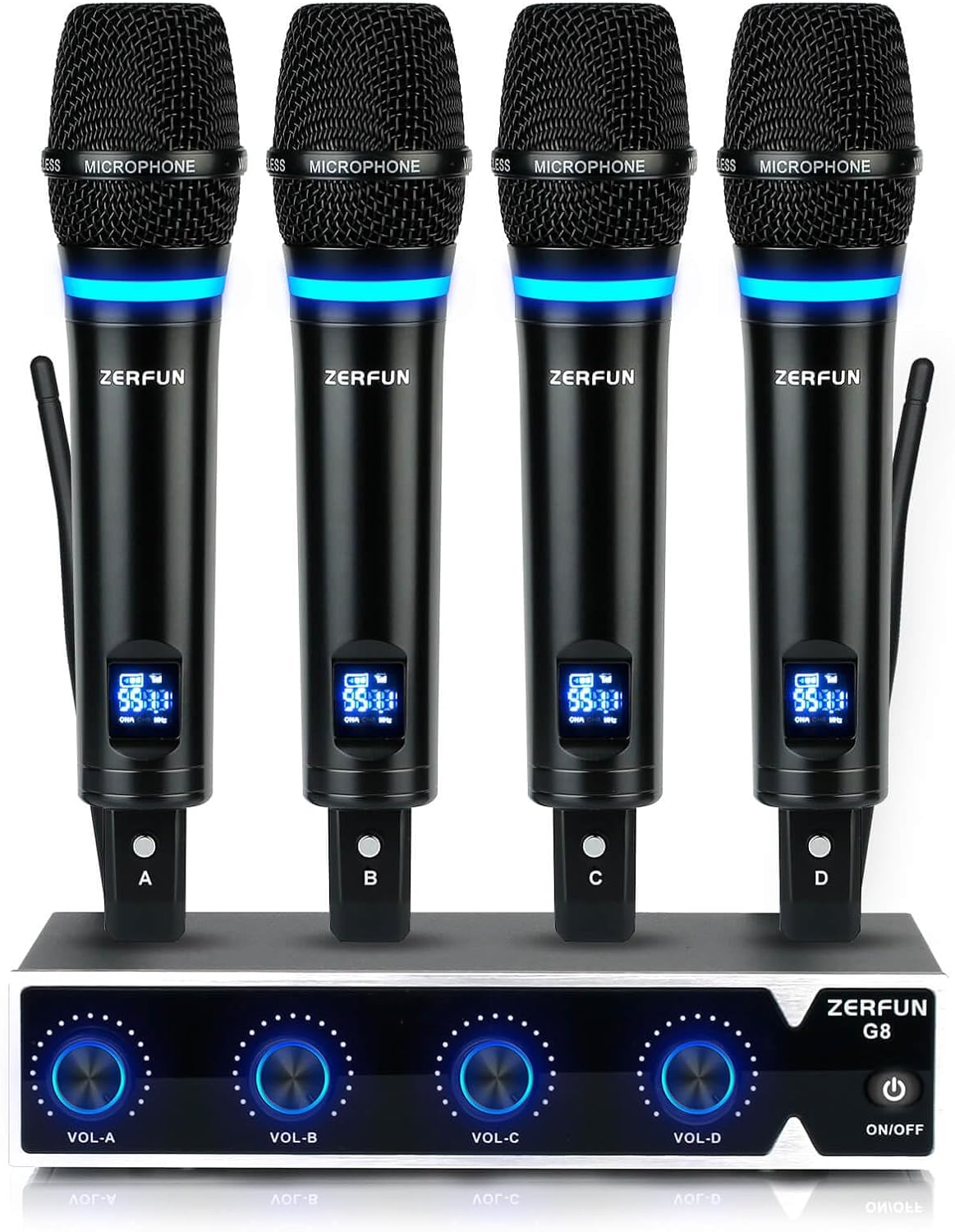 Pro Rechargeable Wireless Microphone System 4 Channel, UHF Metal Handheld Wireless Microphones Cordless Mics with VOL Control, 4x50 Adjustable Frequency for Karaoke Singing Church(G8)