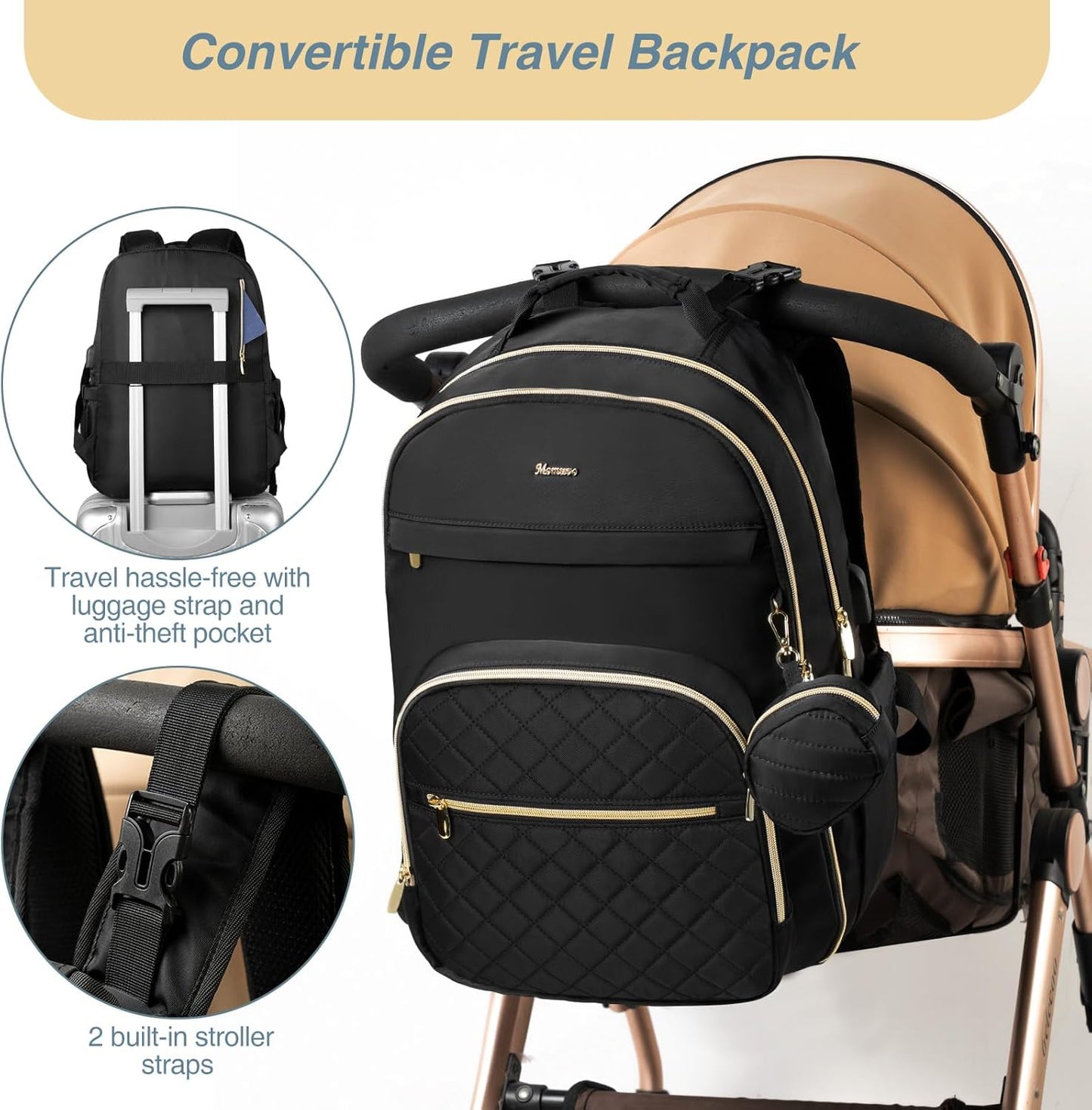 MOMUVO Diaper Bag Backpack, Quilted Baby Bag with Changing Pad and Stroller Straps and Pacifier Case, Large Travel Diaper Bags for Mom Dad,Black