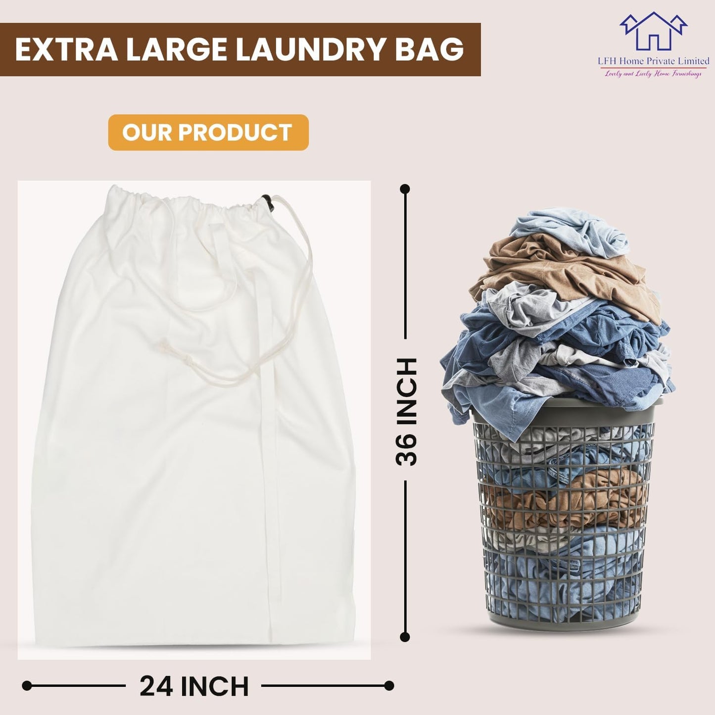 LFH Home Cotton Canvas Extra Large Laundry Bag with Handle, Stylish Drawstring Heavy Duty Laundry Bags For Travel, Home, Hotel, College Dorm and Camp Storage Bag 24x36 Inch, Machine Washable - White