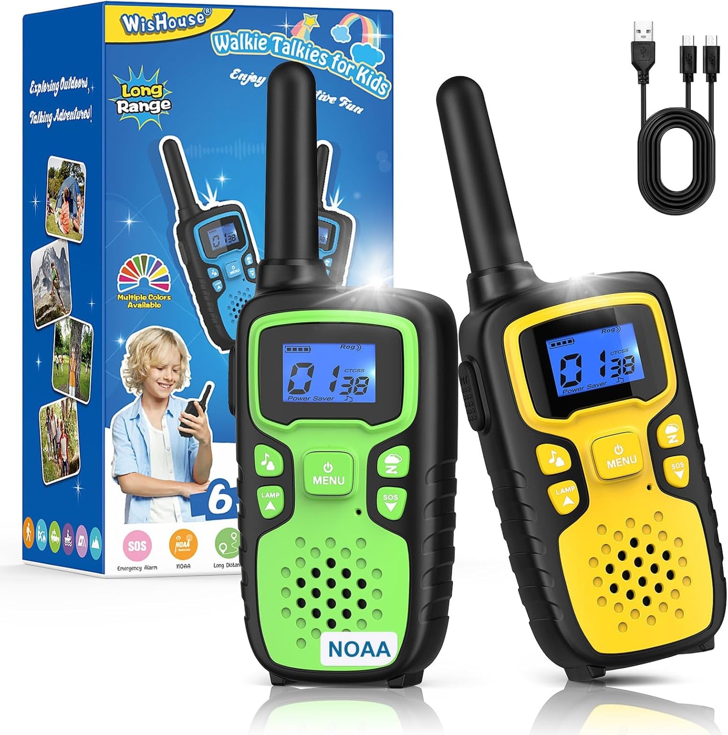 Wishouse Walkie Talkies for Kids Rechargeable Long Range,Xmas Birthday Gift for 4 5 6 7 8 9 Year Old Boy Girl,Hiking Gear Camping Games Cool Toys with NOAA,SOS Siren,Lamp,Lanyards,2 Pack Yellow Green