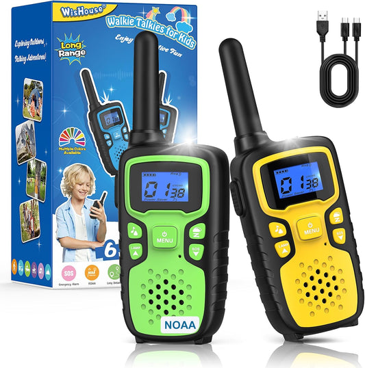 Wishouse Walkie Talkies for Kids Rechargeable Long Range,Xmas Birthday Gift for 4 5 6 7 8 9 Year Old Boy Girl,Hiking Gear Camping Games Cool Toys with NOAA,SOS Siren,Lamp,Lanyards,2 Pack Yellow Green