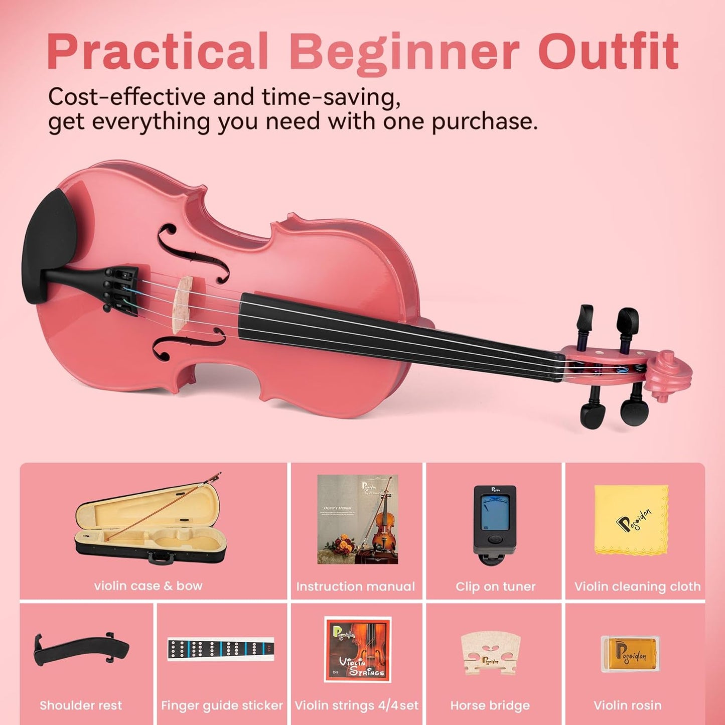 Poseidon Acoustic Violin, 1/4 Size Violin Set with Fiddle for Students Violin Starter Kit/Hard Case, Bow, Rosin, Horse Bridge, Extra Strings, Shoulder Rest, Tuner, Instruction Manual - Pink