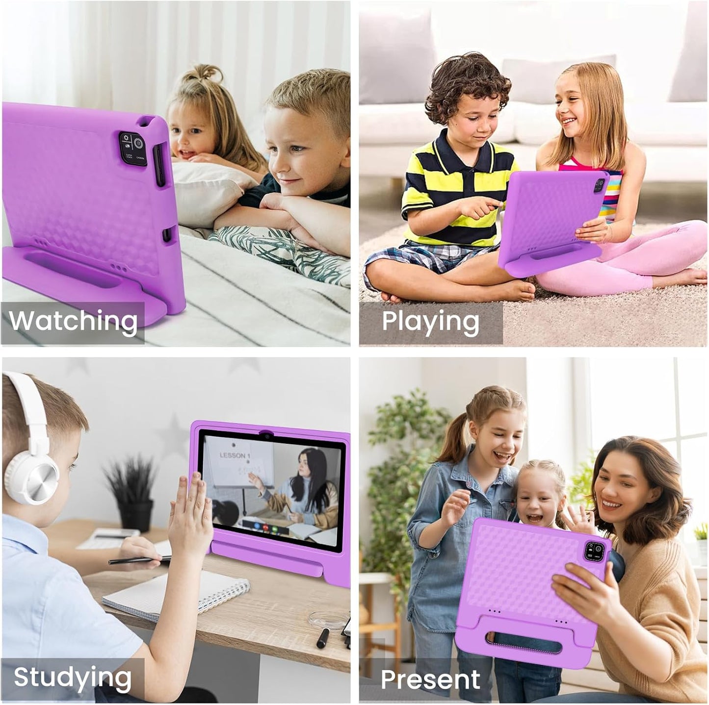 Kids Tablet 10.1 inch Android 14 Octa-Core 64GB 6000mAh Kids Space Parental Control 1280 * 800 HD Touchscreen Shockproof Case Dual Camera Gift for Toddler Children (Purple)