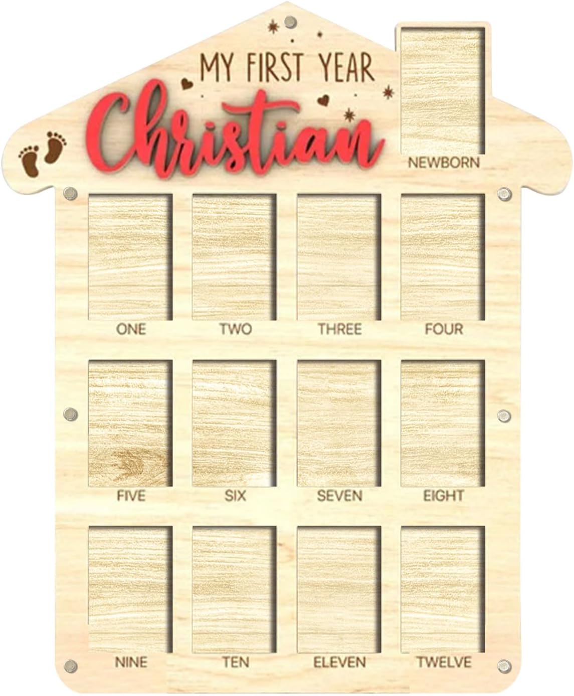 V-DECORPARKS Personalized My First Year Photo Frame | 12 Months Picture Frame For Baby First Year | Displays Thirteen 2x3 Pictures | Birthday Party Decor Newborn Memory Keepsake, House Shaped