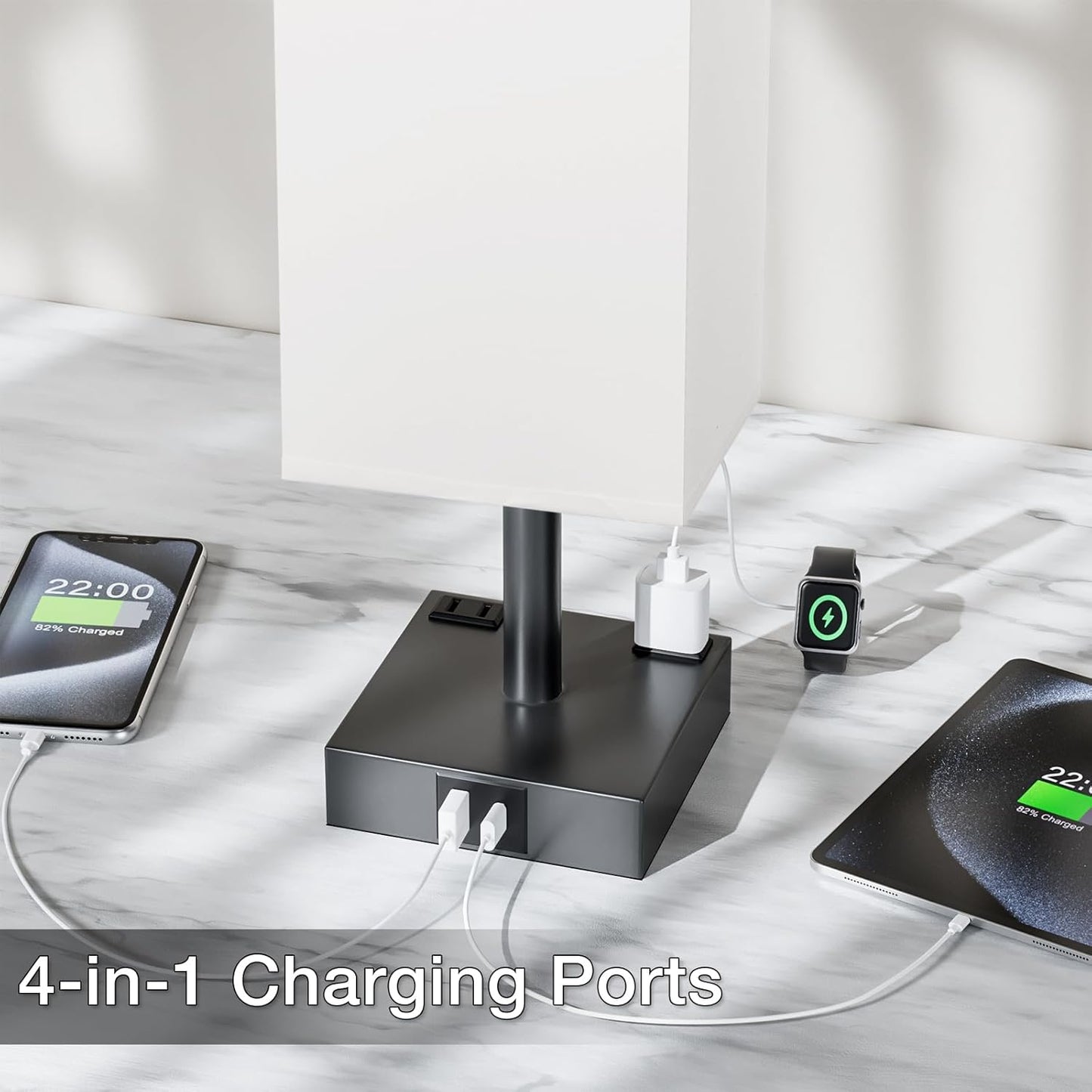 Touch Bedside Table Lamp for Nightstand - 3-Way Dimmable Night Lamp with USB A + Type C Charging Ports and Two AC Outlets, Small Desk Light with E26 LED Bulb for Bedroom Living Room,White Black