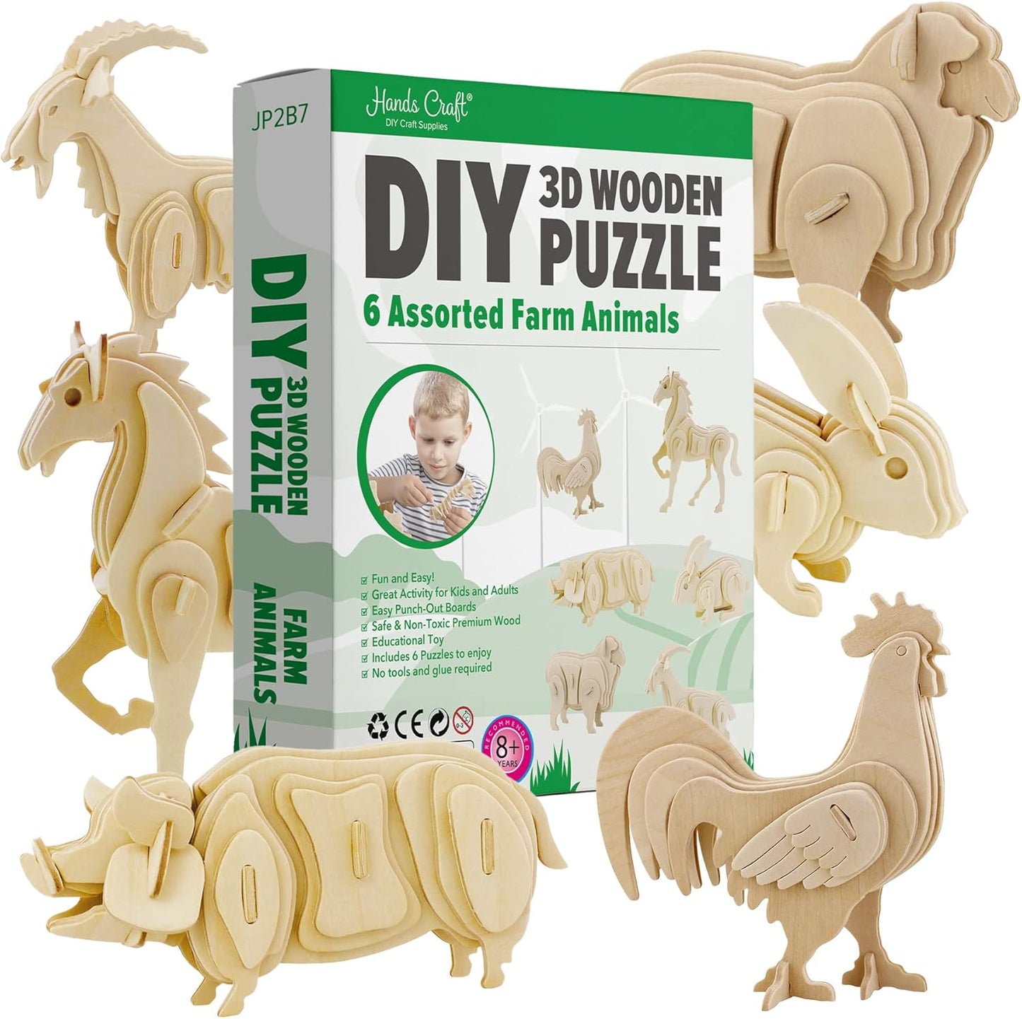 Hands Craft DIY 3D Wooden Puzzle – 6 Assorted Farm Animals Bundle Pack Set Brain Teaser Puzzles Educational STEM Toy Adults and Kids to Build Safe and Non-Toxic Easy Punch Out Premium Wood JP2B7