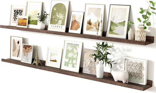 Fun Memories Long Floating Shelves for Wall 72 Inch, Natural Wood Long Picture Shelves Photo Shelf with Ledge Set of 2, Rustic Floating Shelf with Lip for Home Storage