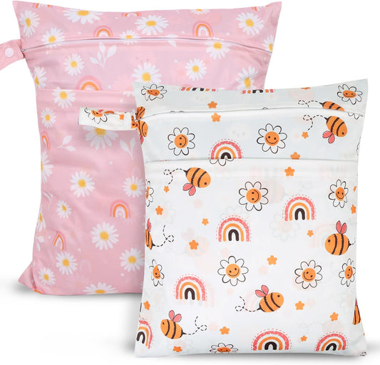 2pcs Travel Waterproof Laundry Bag, Cloth Diaper Wet Dry Bags with Handle & 2 Zipper Pockets, Reusable Washable Dirty Clothes Bag for Baby Adult Travelling Hanging, Bathing Beach Pool Daycare