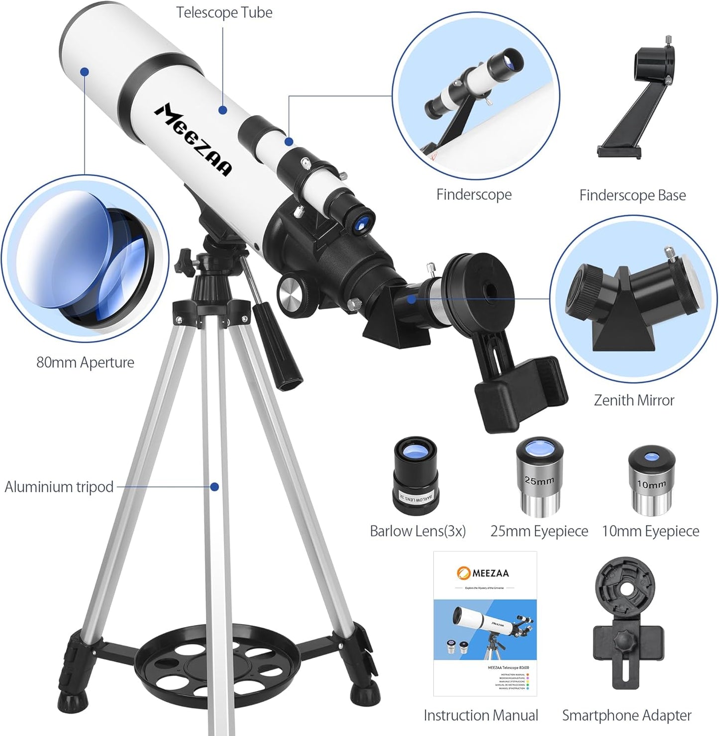 Telescope, Telescope for Adults High Powered, 80mm Aperture 600mm Portable Refractor Telescopes for Astronomy Beginners Fully Multi-Coated Optic High Transmission with Phone Adapter & Carry Bag