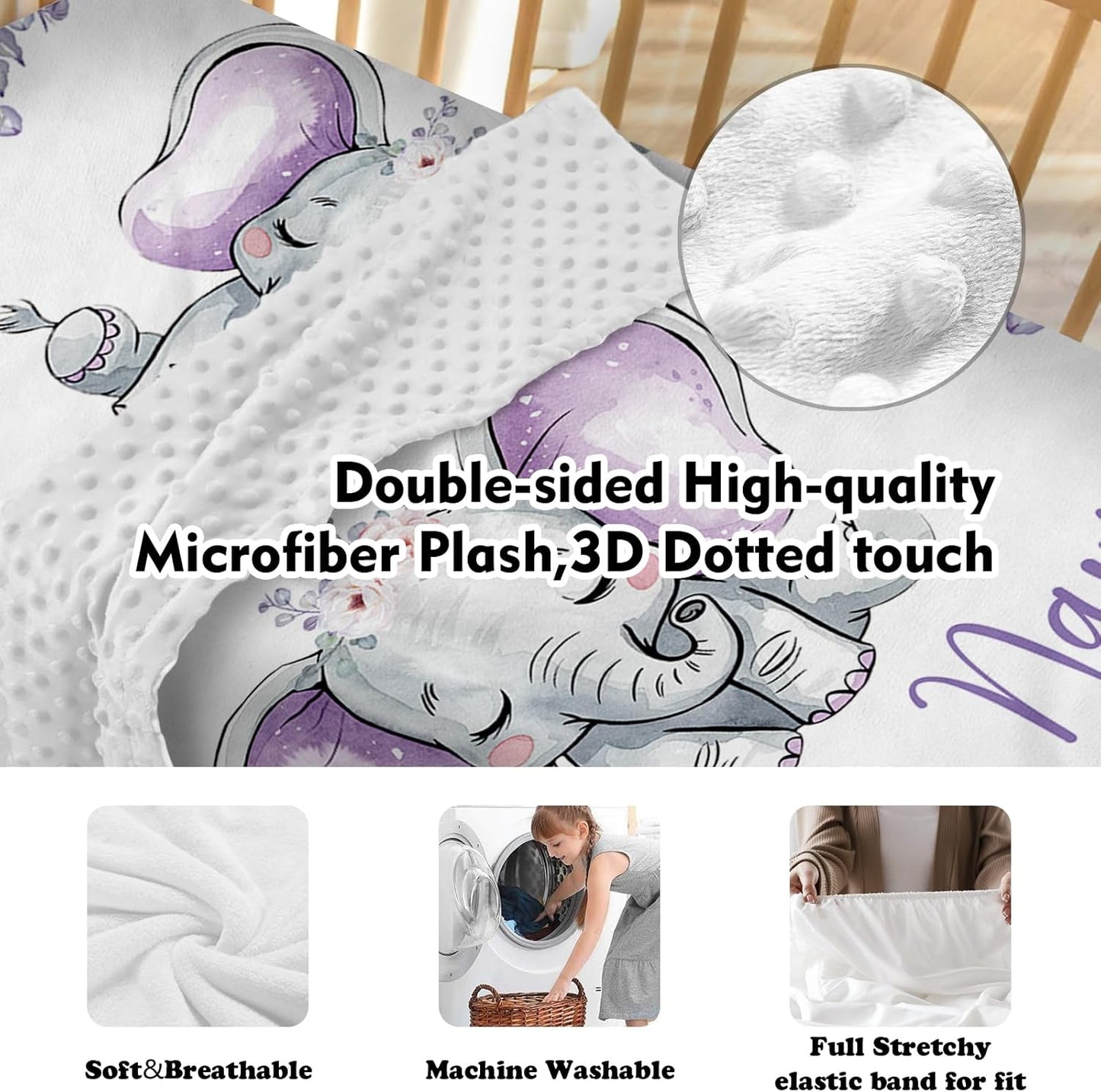 Personalized Baby Crib Bedding Set for Baby Girls, Light Purple Elephant Pattern Custom Name Baby Crib Sets 5-Pcs, Toddler Double Layer Blanket Fitted Sheets Changing Pad Cover Rug Wall Art Set