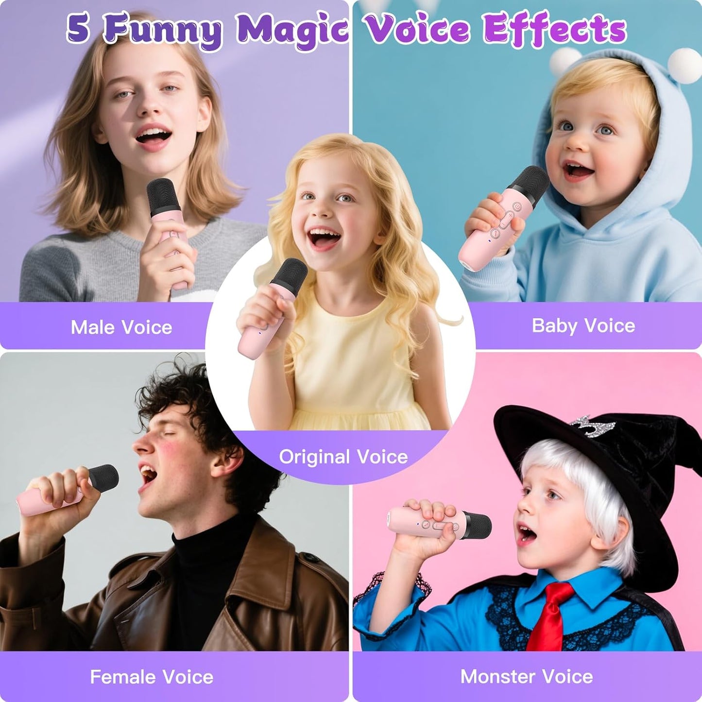 Mini Karaoke Machine for Kids, Haomuren Protable Bluetooth Speaker with 2 Wireless Microphone and LED Color Lights, Christmas Birthday Gifts Toys for Girls Boys Friends Age 3-12+ Years Old (Pink)