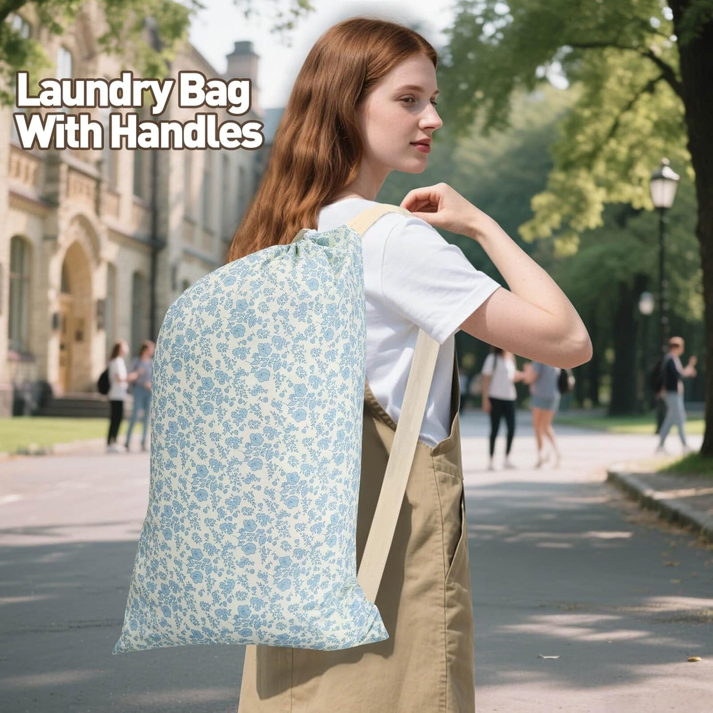 College Laundry Bag, Dirty Clothes Laundry Bag With Drawstring Handles For College Dorm Laundromat Apartment Travel Camp 29" X 18" Women Girls Back To School Birthdays Gift, Blue Florals