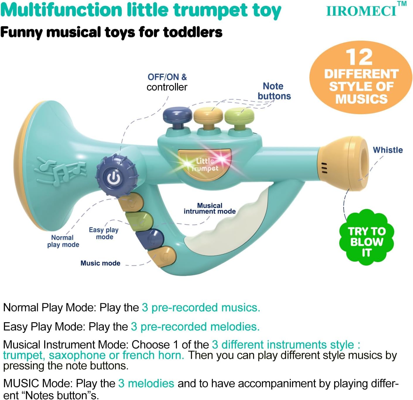 Musical Instruments Toys for Kids, Toddlers Little Trumpet and Baby Educational Toy for Girls & Boys, Ages 1-3 (Blue)