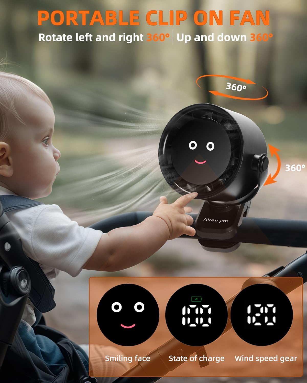 Clip on Fan for Bed, Portable Fan for Travel, 360° Rotate Battery Operated Personal Fan, Air Turbo Tech & Digital display, stroller fan with 5 Speeds, For Home Office Stroller Camping - Black