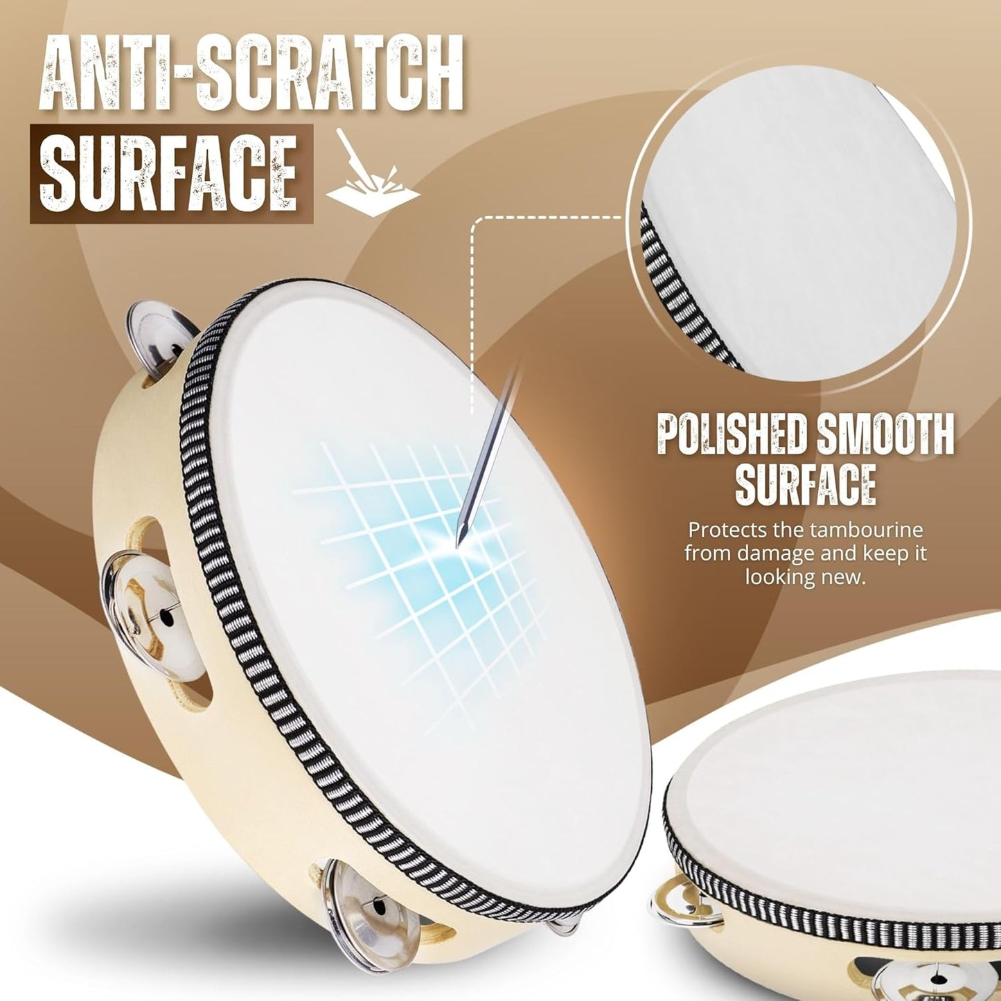 Flexzion Wood Handheld Tambourine 8" Inch Single Row 5 Pair Jingles (2 Pack, Wood) - Hand Held Percussion Drum Moon Musical Tambourine with Ergonomic Handle Grip