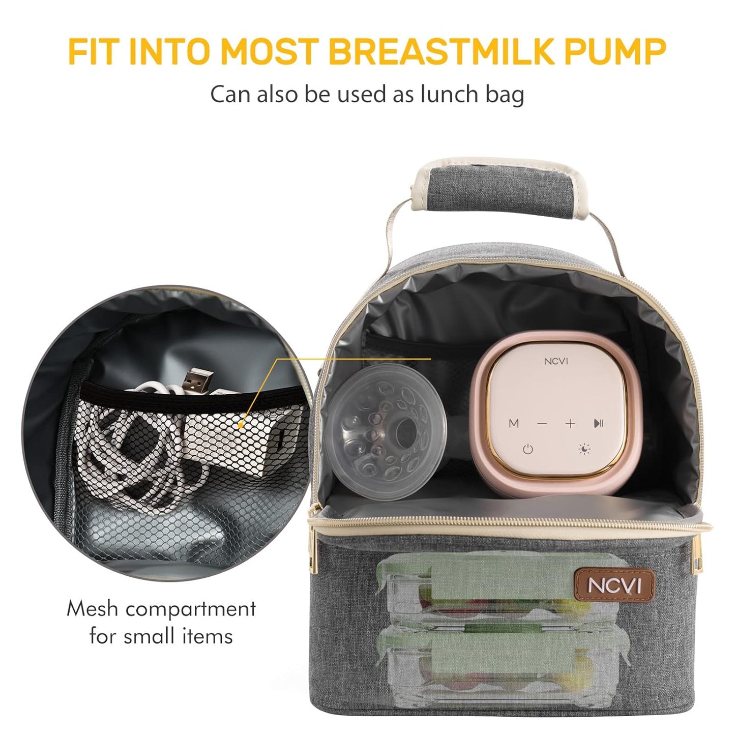 NCVI Breastmilk Cooler Bag with 2 Ice Pack, Breast Pump Bag with Cooler Fits 6 Bottles, Double Layer Breast Milk Baby Bottle Cooler Bag, for Travel, Nursing Mom Daycare, Work, Picnic (Grey)
