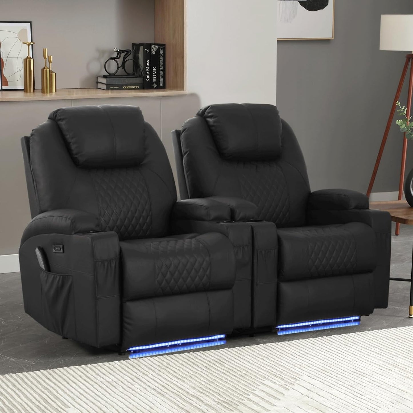 Power Recliner Chair with Heat and Massage for Adults - Home Theater Seating with LED Lights,Cup Holders,Side Pocket,USB Port - Recliner Sofa for Living Room(Black, Set of 2)