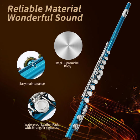 C Flute Closed Hole 16 Key for Beginner Student Blue Flute with Carrying Case Stand Gloves Cleaning Cloth for School Band Instruments