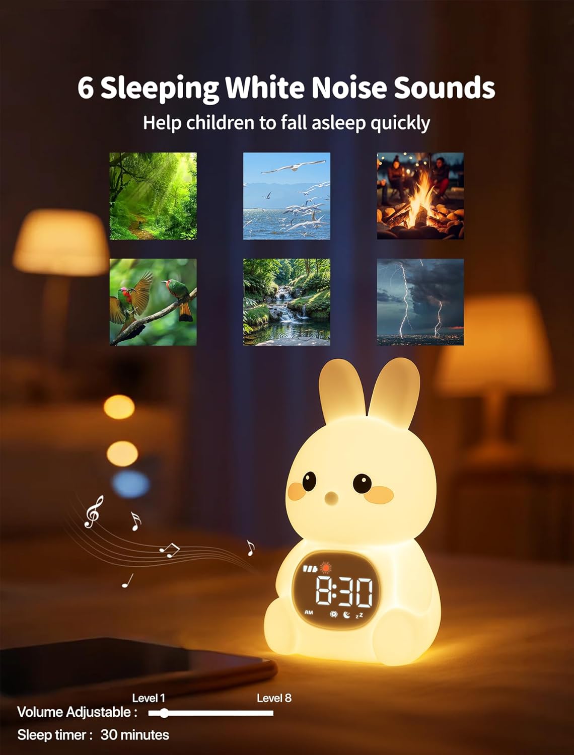 MASHI Bunny Alarm Clock, Toddler Sleep Training Clock with Sun & Moon, Sleep Sound Machine, Night Lights, Alarm Clock for Kids, Gift Ideas for Kids Child