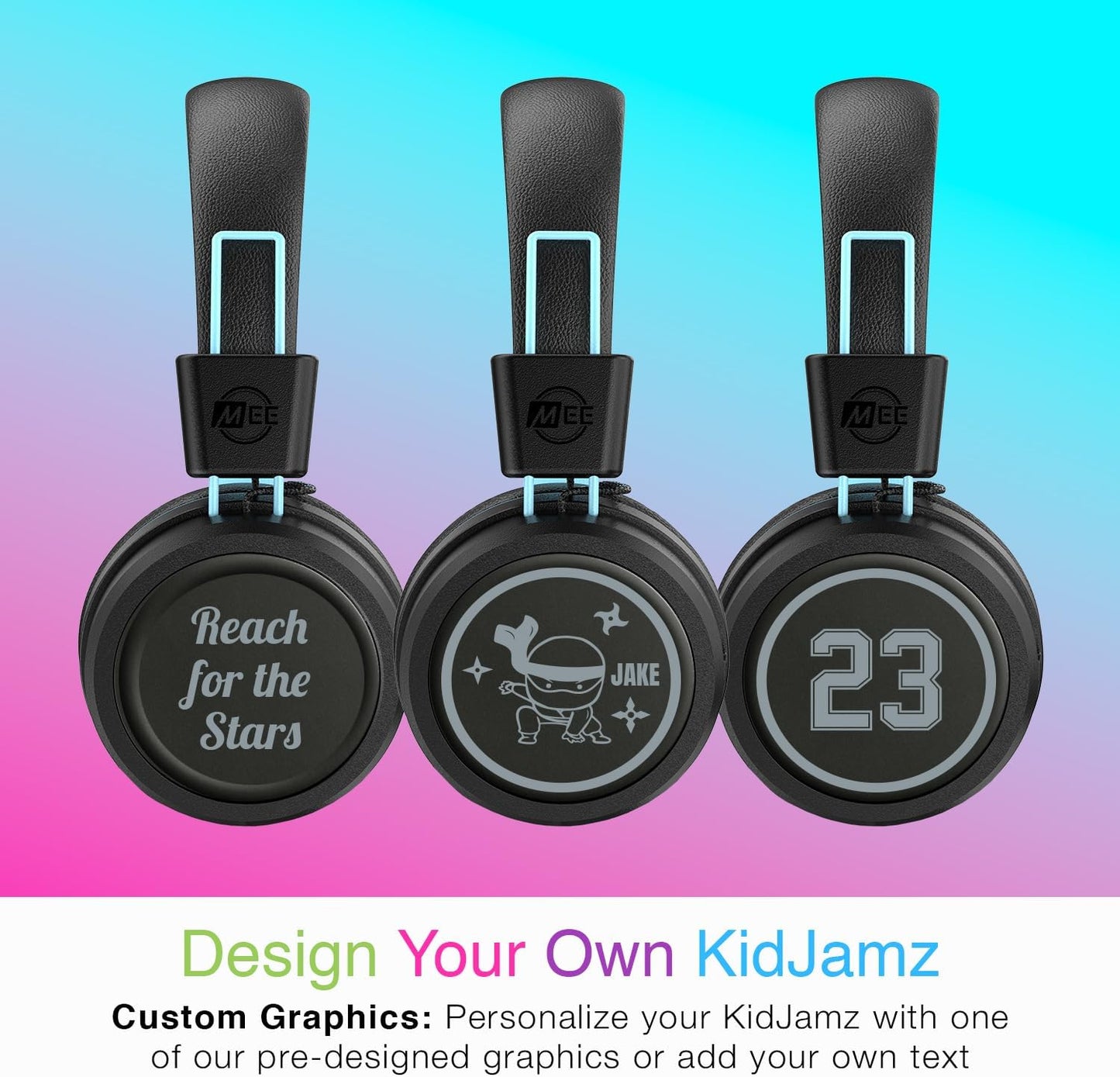 MEE audio KidJamz KJ55BT Personalized Bluetooth Wireless Safe Listening Headphones for Kids w/Custom LED-Backlit Design, Volume Limiter, Microphone; Kids Headset for School/iPhone/iPad/Tablet (Black)
