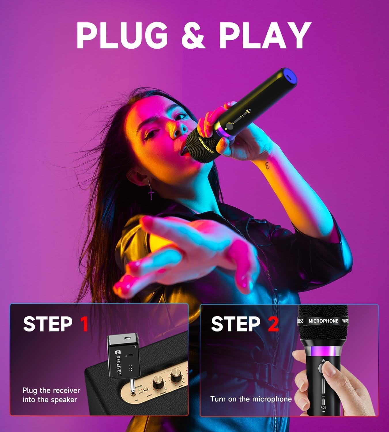 Wireless Microphone, Rechargeable Wireless Microphones with One-to-One Chip Connection and LED Lights, 40H Duration, 200FT Range Receiving, Less Latency Karaoke Microphone for Singing, Speech, Party