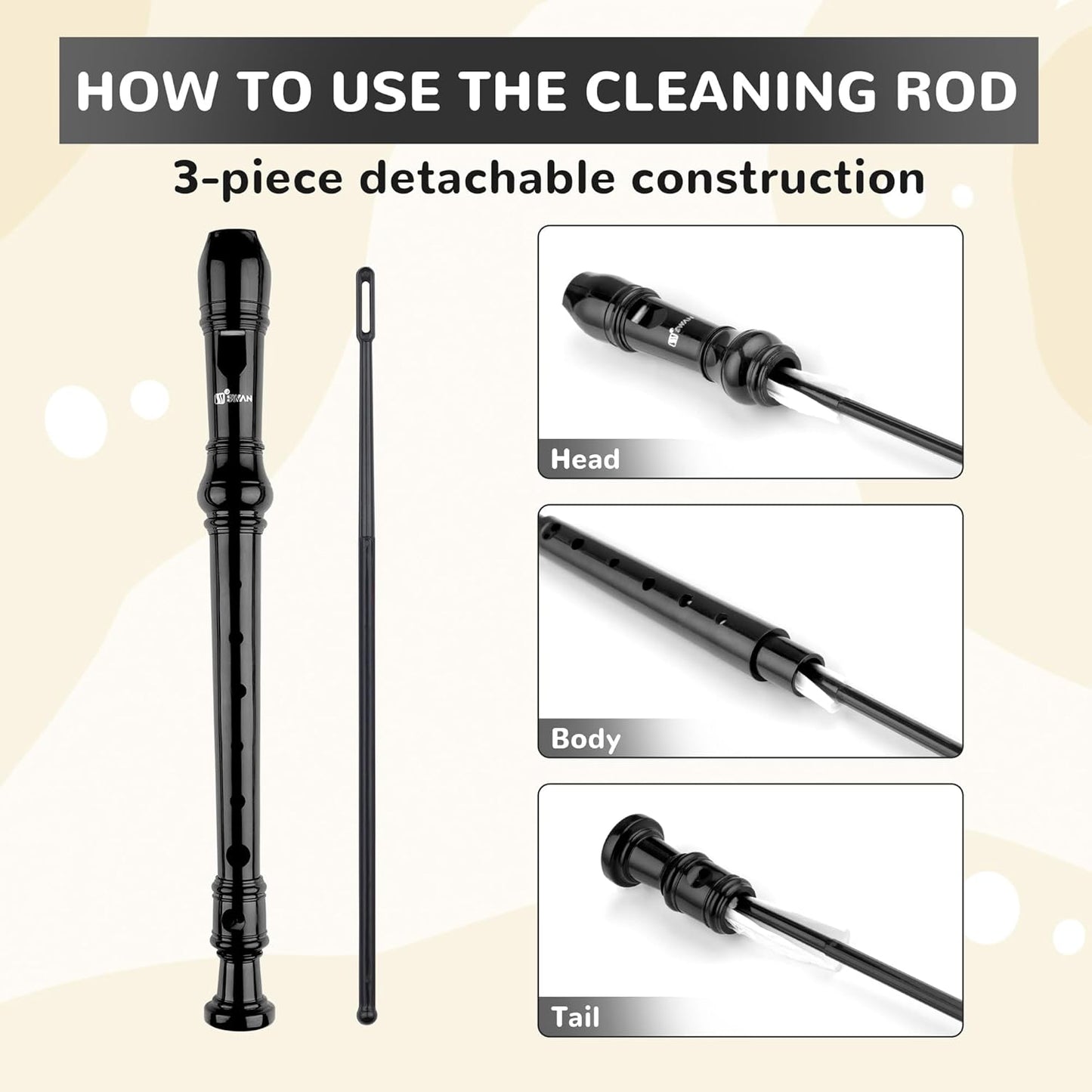 SWAN Soprano Recorder Instrument for Beginners Student - Baroque Style 8 Hole Flute Detachable 3pcs Descant Recorder with Cleaning Rod and Fingering Chart for Kids over 6 Years Old, Black