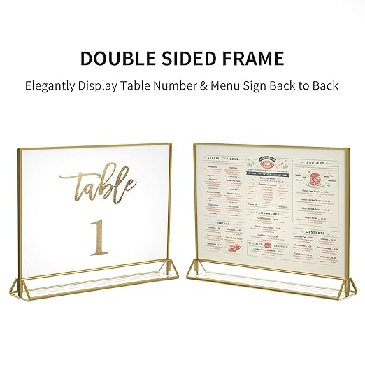NIUBEE 6Pack 11 x 8.5 Acrylic Sign Holder with Gold Frames and Vertical Stand, Ideal for Display Wedding Table Numbers, Double Sided Picture, Clear Photos, Menu Holders -Horizontal