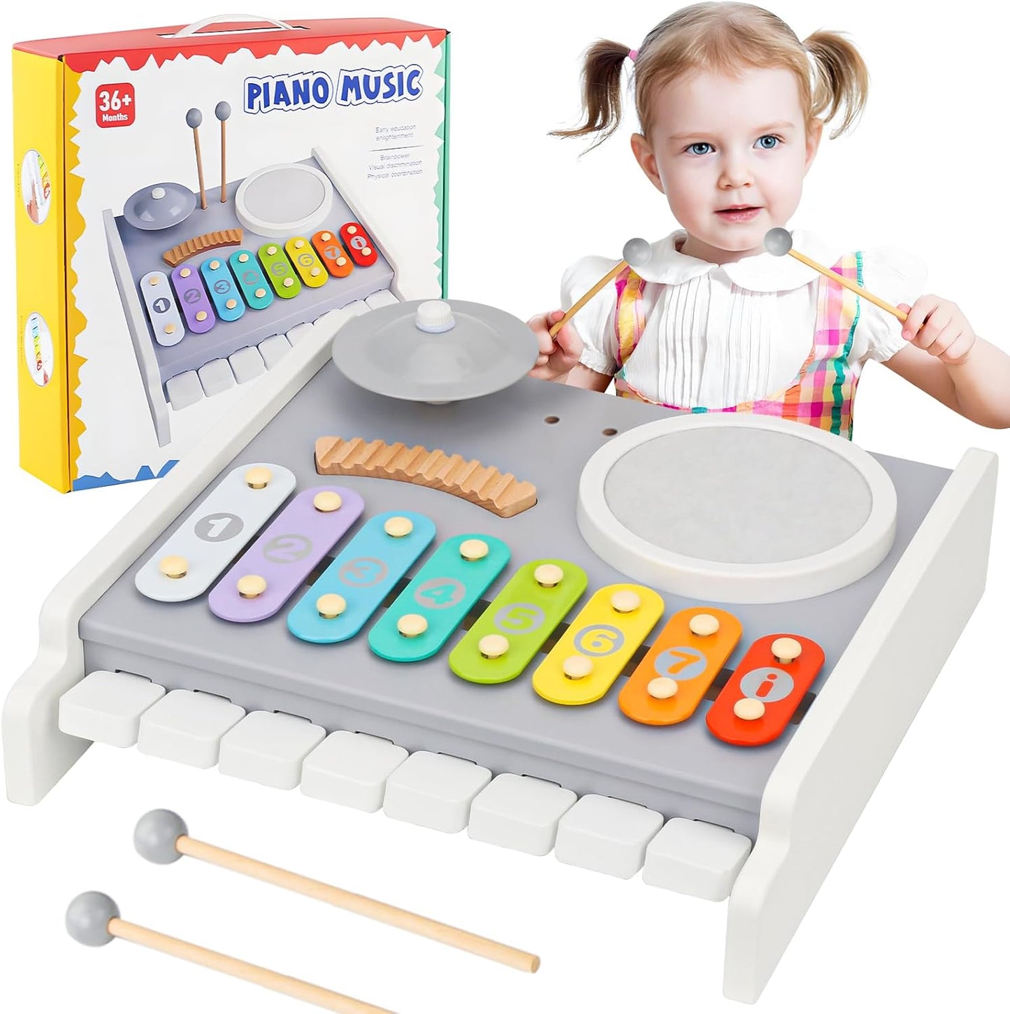 Kids Musical Instruments Piano Drum Set - 5 in 1 Montessori Toys for Toddler Baby, Wooden Music Kit with Piano Keyboard Xylophone, Preschool Educational Sensory Toys, Gifts for Boys Girls 1-8